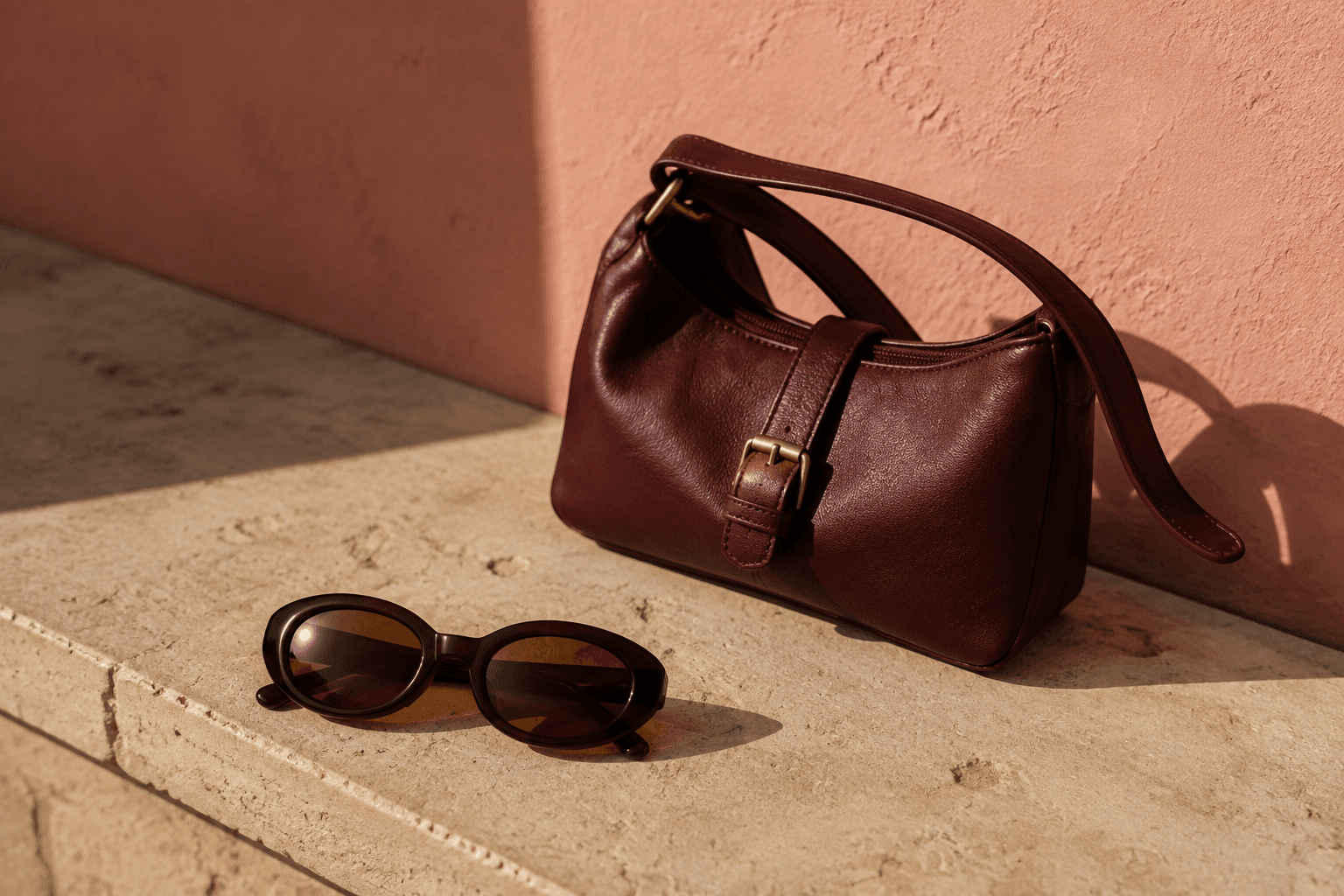 Burgundy shoulder bag and oval sunglasses on a cream ledge