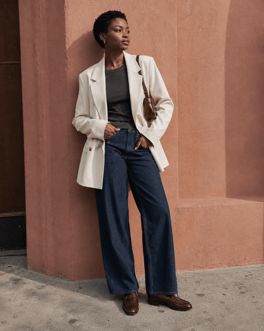 Cream blazer with indigo jeans and burgundy accessories